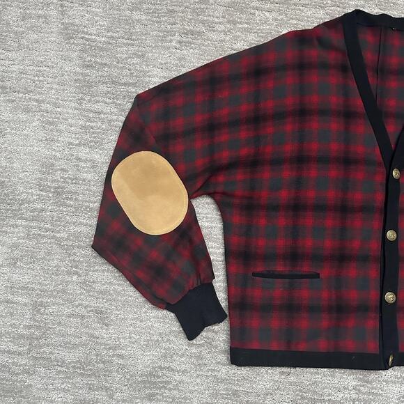 Vintage Pendleton Cardigan Sweater Mens 2XL Red Plaid Wool Elbow Patch Grandpa - Picture 3 of 12
